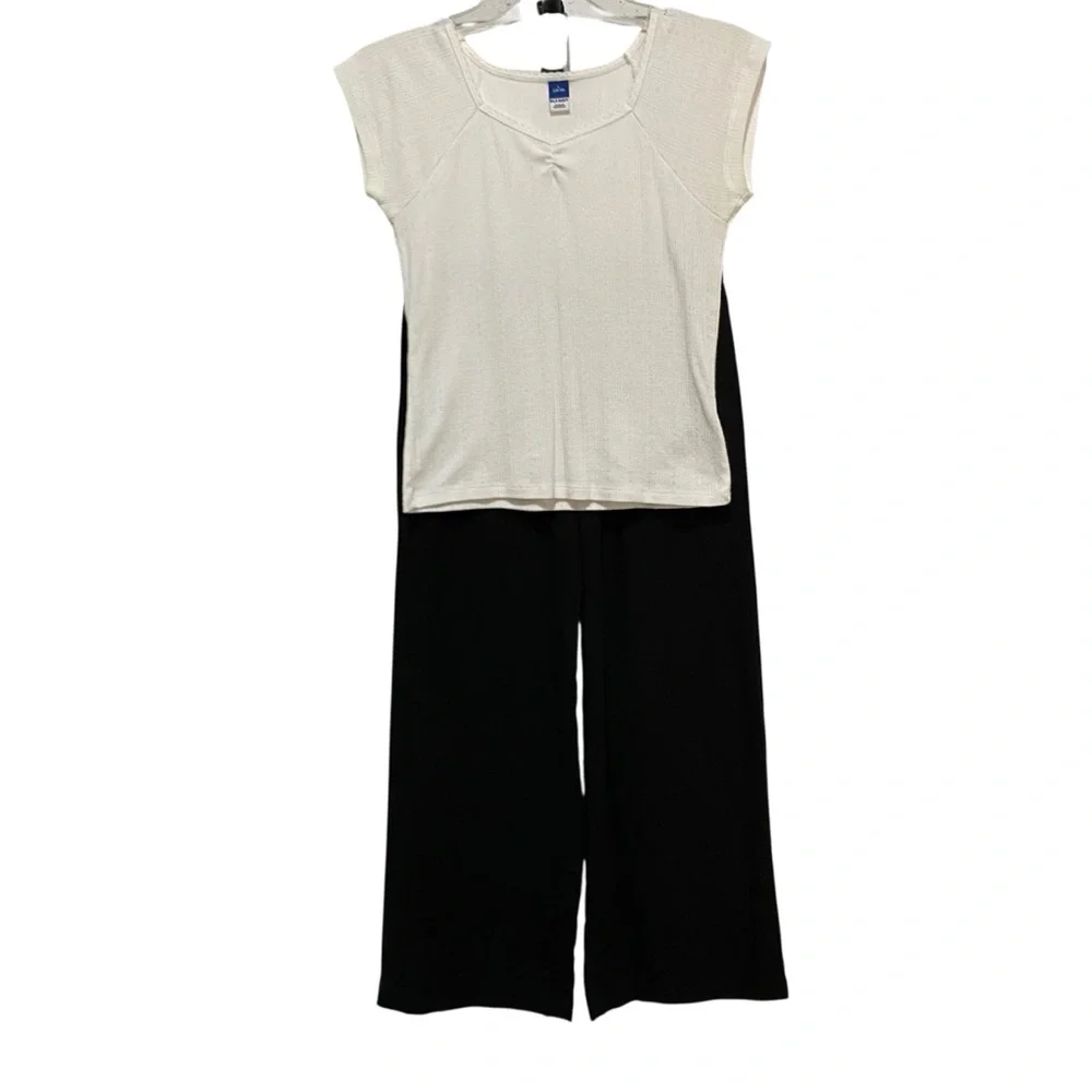 Old Navy Cream Ribbed Tee & Black Wide-Leg Pull-On Pants Kids Set Size Large